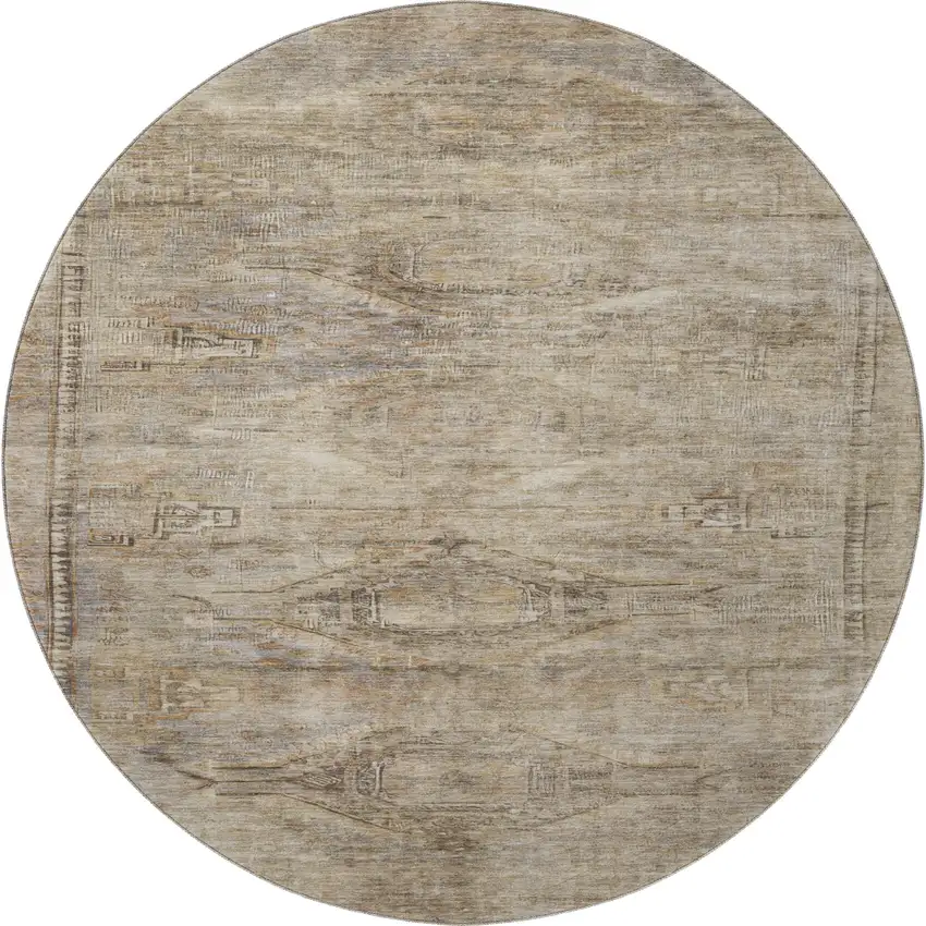 8' Brown Beige And Taupe Abstract Geometric Washable Round Rug With UV Protection Photo 3