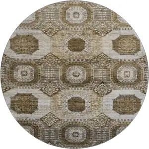 Photo of 8' Brown Beige And Taupe Abstract Geometric Washable Round Rug With UV Protection