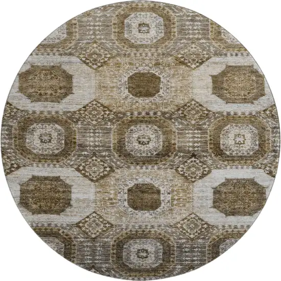 8' Brown Beige And Taupe Abstract Geometric Washable Round Rug With UV Protection Photo 1