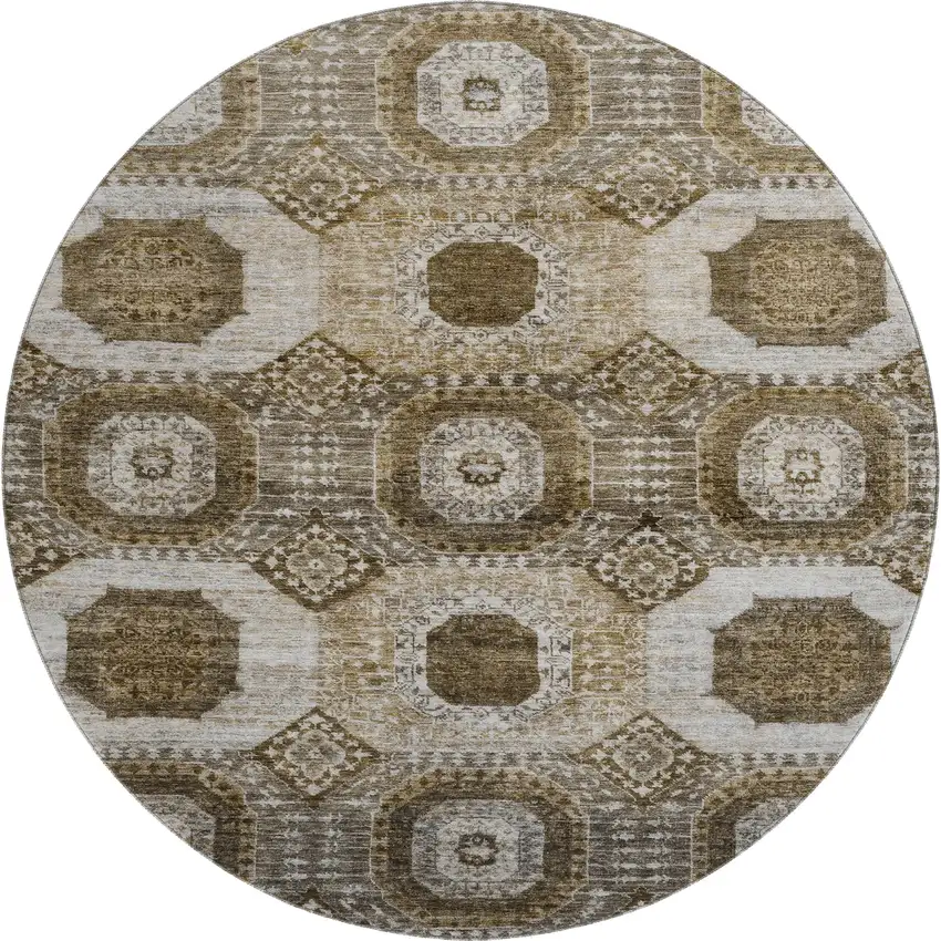 8' Brown Beige And Taupe Abstract Geometric Washable Round Rug With UV Protection Photo 1
