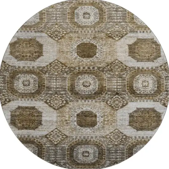 8' Brown Beige And Taupe Abstract Geometric Washable Round Rug With UV Protection Photo 4