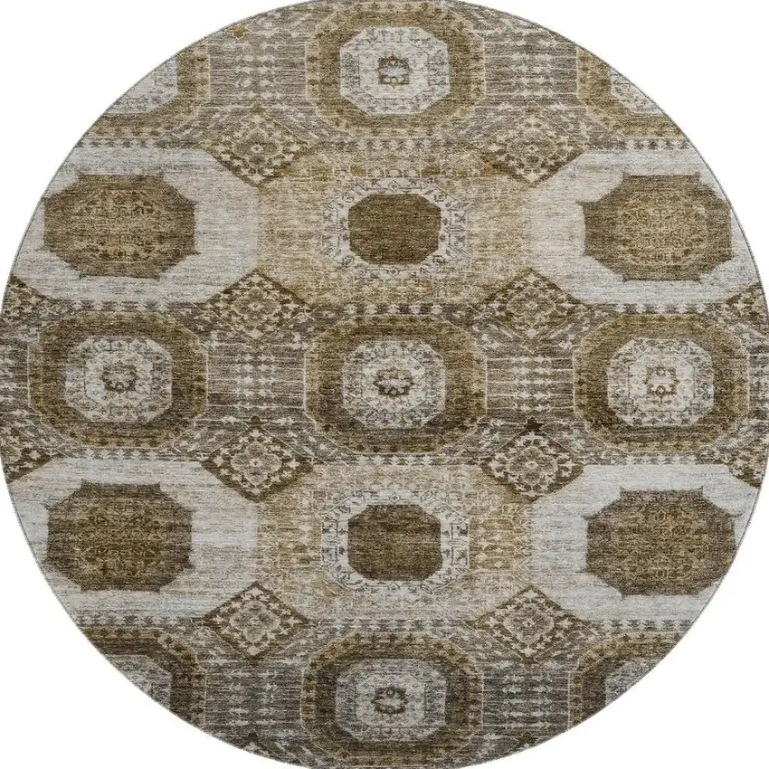 8' Brown Beige And Taupe Abstract Geometric Washable Round Rug With UV Protection Photo 4