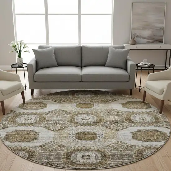 8' Brown Beige And Taupe Abstract Geometric Washable Round Rug With UV Protection Photo 2
