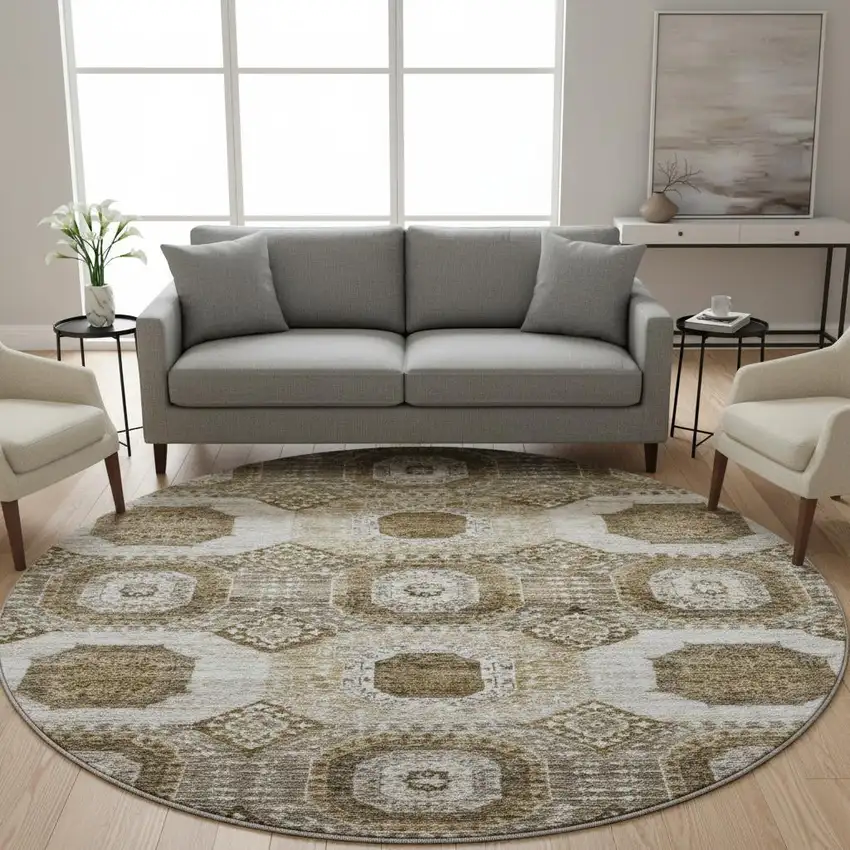 8' Brown Beige And Taupe Abstract Geometric Washable Round Rug With UV Protection Photo 2