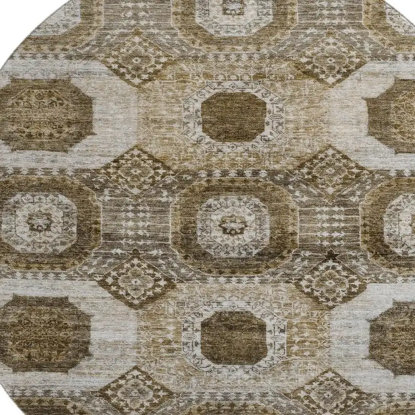 8' Brown Beige And Taupe Abstract Geometric Washable Round Rug With UV Protection Photo 3