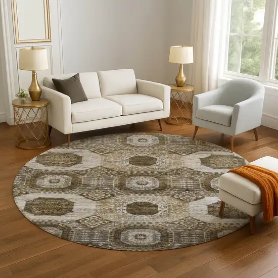 8' Brown Beige And Taupe Abstract Geometric Washable Round Rug With UV Protection Photo 5