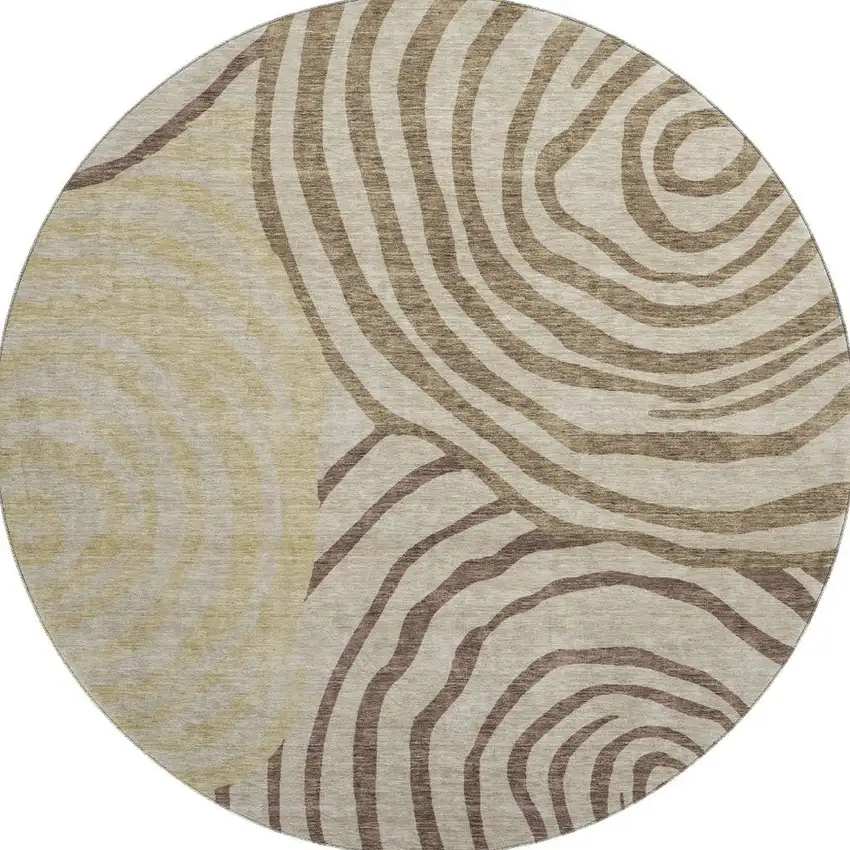 8' Brown Beige And Taupe Abstract Washable Round Rug With UV Protection Photo 4