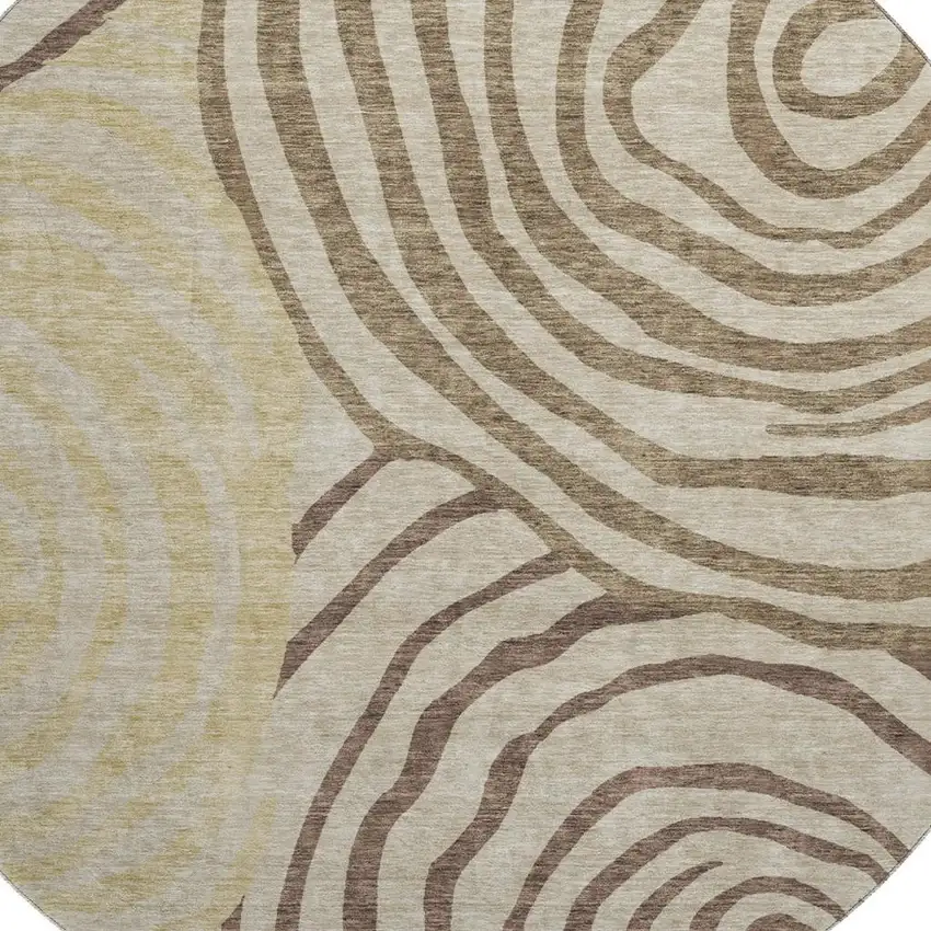 8' Brown Beige And Taupe Abstract Washable Round Rug With UV Protection Photo 3