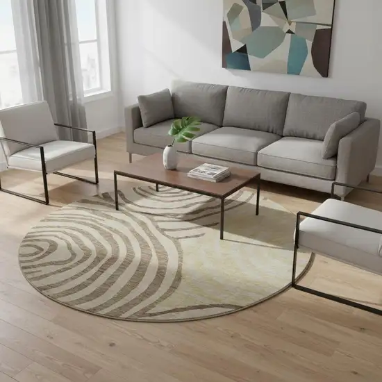 8' Brown Beige And Taupe Abstract Washable Round Rug With UV Protection Photo 2