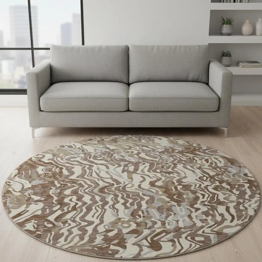 8' Brown Beige And Taupe Abstract Washable Round Rug With UV Protection Photo 2