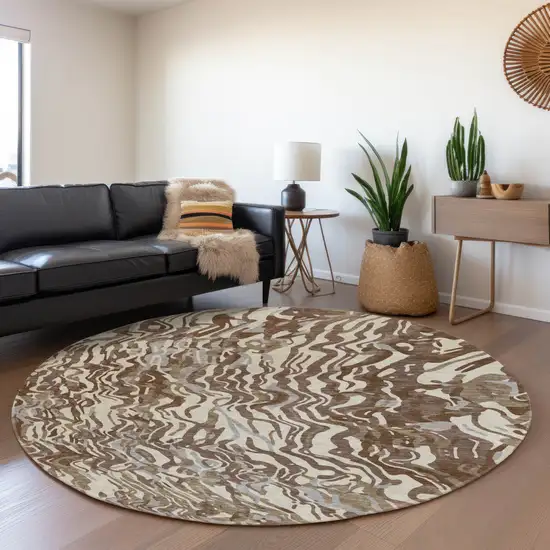 8' Brown Beige And Taupe Abstract Washable Round Rug With UV Protection Photo 4