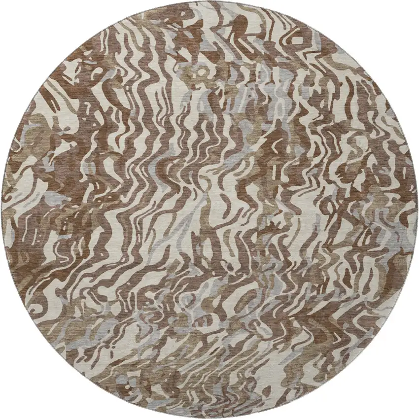 8' Brown Beige And Taupe Abstract Washable Round Rug With UV Protection Photo 3