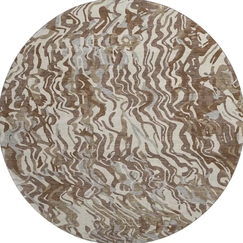 8' Brown Beige And Taupe Abstract Washable Round Rug With UV Protection Photo 2