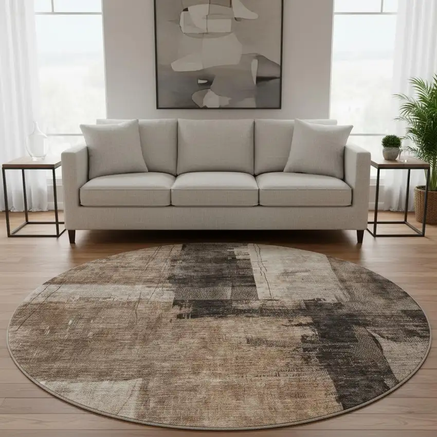 8' Brown Beige And Taupe Abstract Washable Round Rug With UV Protection Photo 2