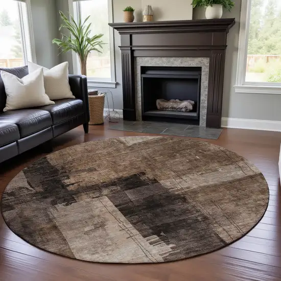 8' Brown Beige And Taupe Abstract Washable Round Rug With UV Protection Photo 3