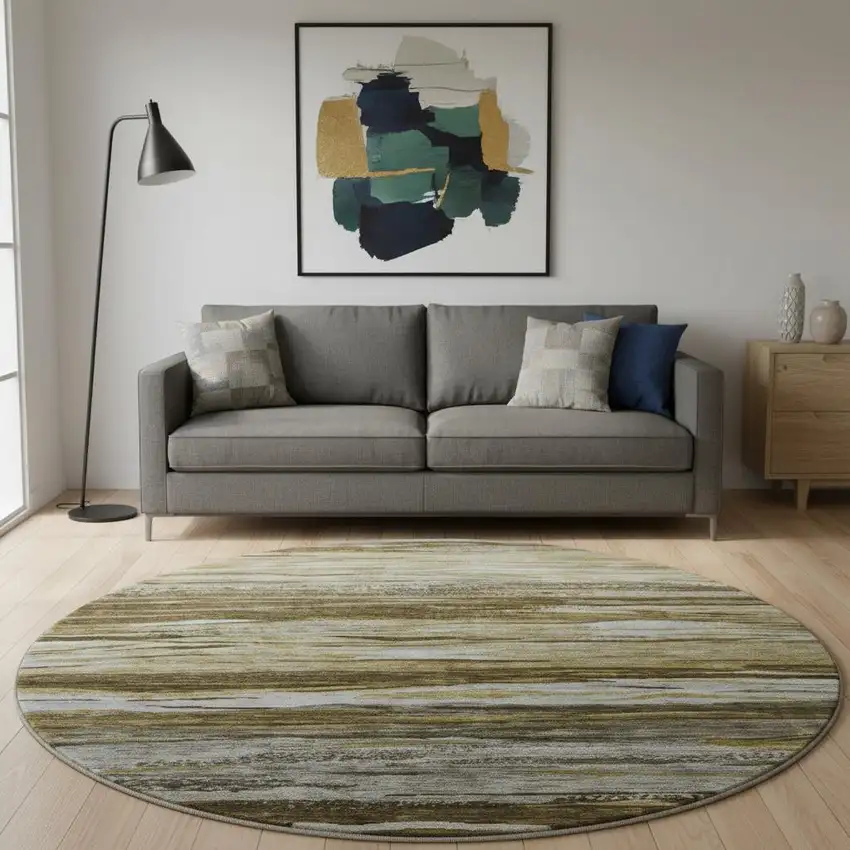 8' Brown Beige And Taupe Abstract Washable Round Rug With UV Protection Photo 2