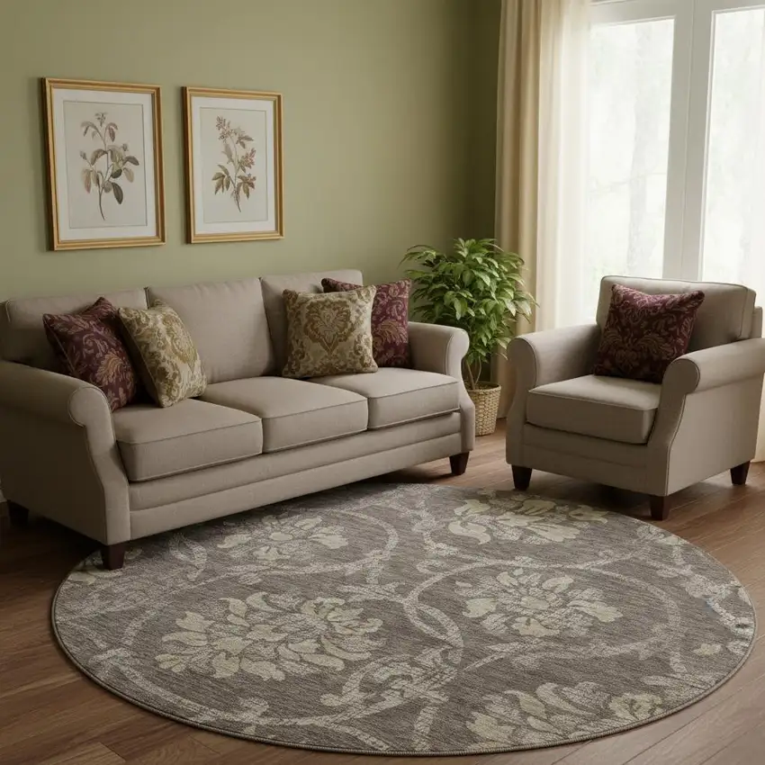 8' Brown Beige And Taupe Floral Washable Round Rug With UV Protection Photo 1
