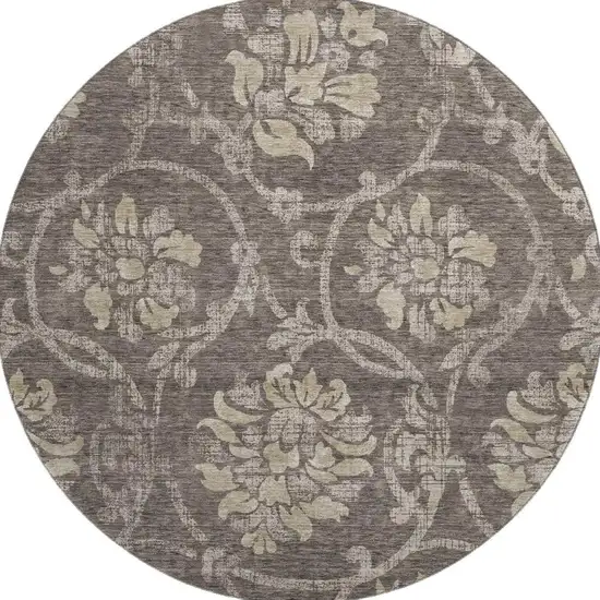 8' Brown Beige And Taupe Floral Washable Round Rug With UV Protection Photo 4