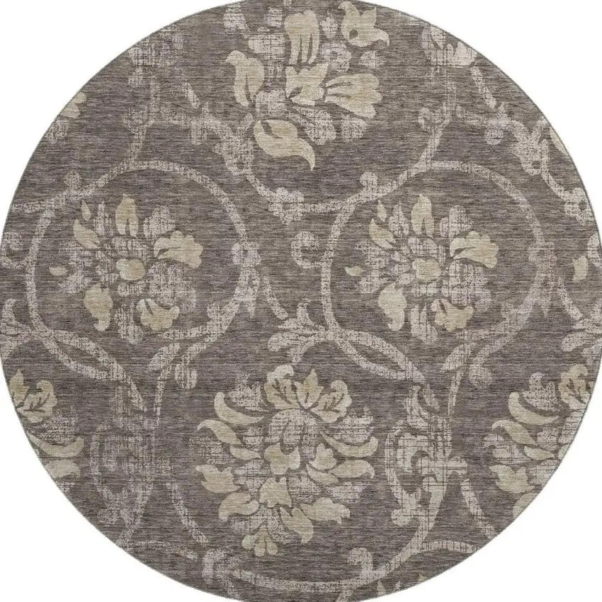 8' Brown Beige And Taupe Floral Washable Round Rug With UV Protection Photo 4