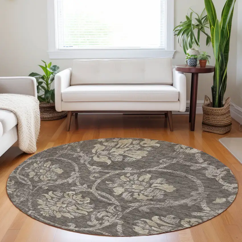 8' Brown Beige And Taupe Floral Washable Round Rug With UV Protection Photo 5