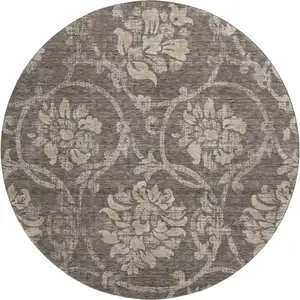 Photo of 8' Brown Beige And Taupe Floral Washable Round Rug With UV Protection