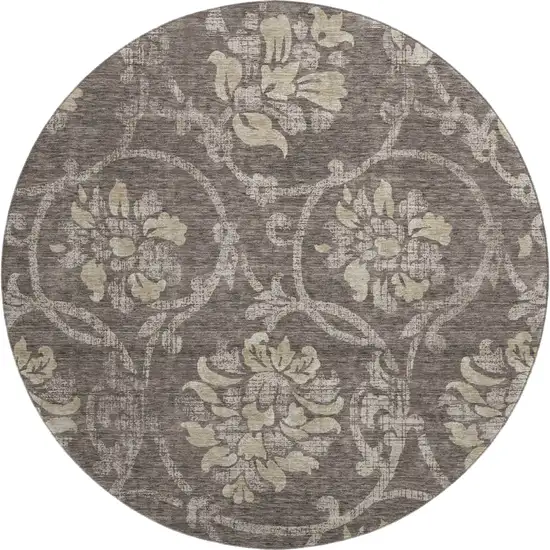 8' Brown Beige And Taupe Floral Washable Round Rug With UV Protection Photo 1