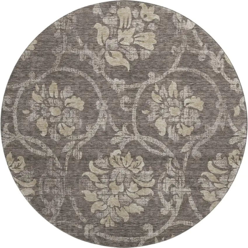 8' Brown Beige And Taupe Floral Washable Round Rug With UV Protection Photo 1