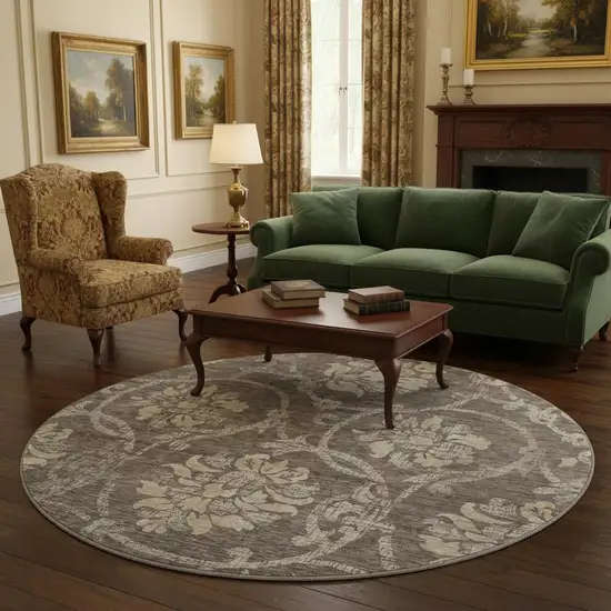 8' Brown Beige And Taupe Floral Washable Round Rug With UV Protection Photo 2