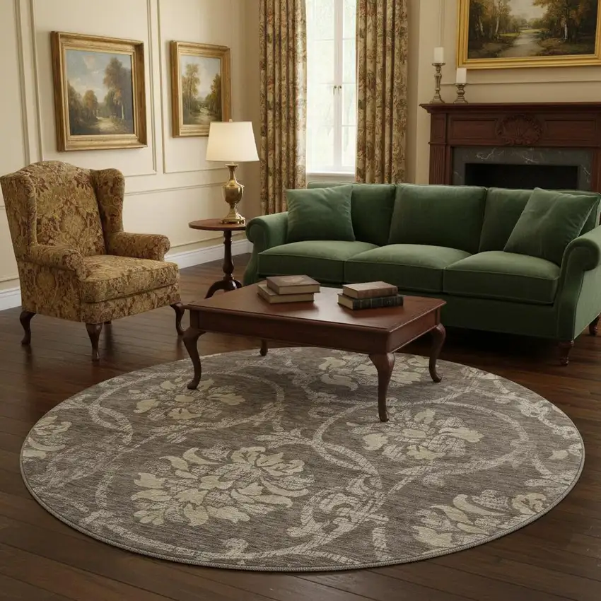 8' Brown Beige And Taupe Floral Washable Round Rug With UV Protection Photo 2