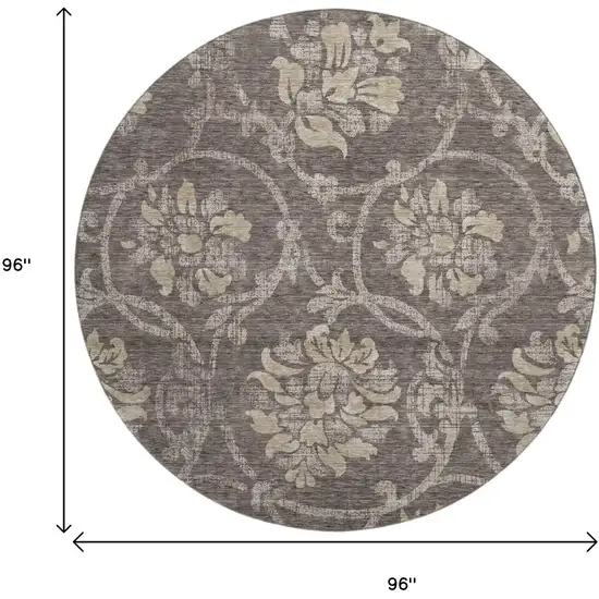 8' Brown Beige And Taupe Floral Washable Round Rug With UV Protection Photo 3