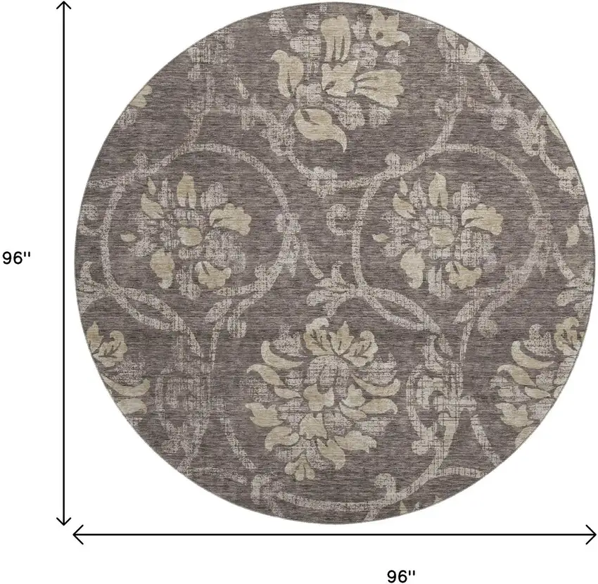 8' Brown Beige And Taupe Floral Washable Round Rug With UV Protection Photo 3