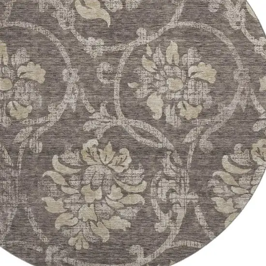 8' Brown Beige And Taupe Floral Washable Round Rug With UV Protection Photo 3