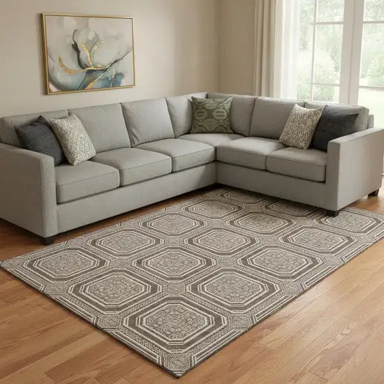 8' Brown Beige And Taupe Geometric Washable Area Rug With UV Protection Photo 2