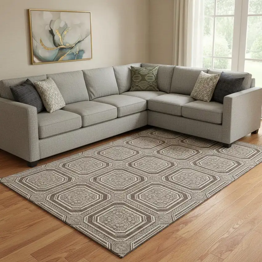 8' Brown Beige And Taupe Geometric Washable Area Rug With UV Protection Photo 2