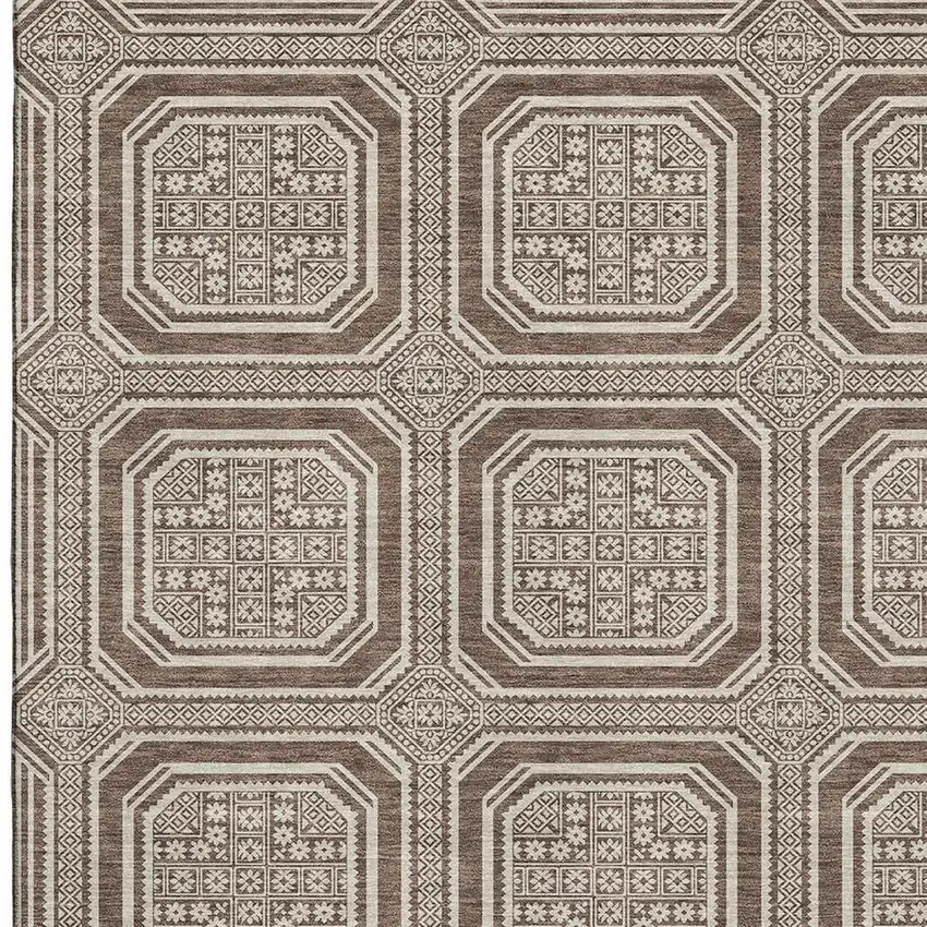 8' Brown Beige And Taupe Geometric Washable Area Rug With UV Protection Photo 2