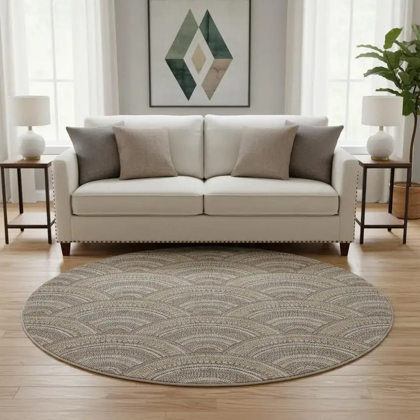 8' Brown Beige And Taupe Geometric Washable Round Rug With UV Protection Photo 2