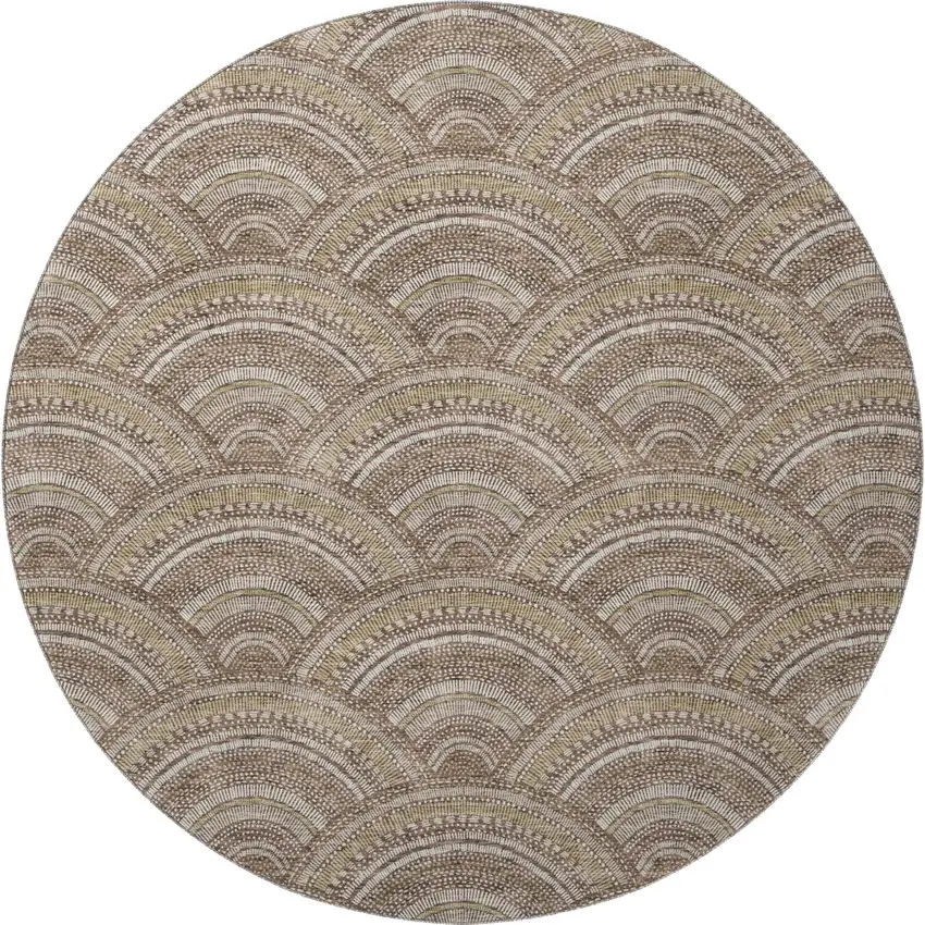 8' Brown Beige And Taupe Geometric Washable Round Rug With UV Protection Photo 4