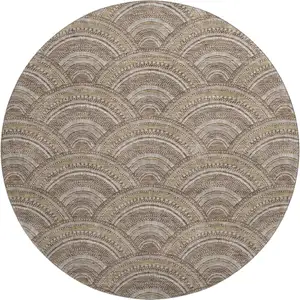 Photo of 8' Brown Beige And Taupe Geometric Washable Round Rug With UV Protection