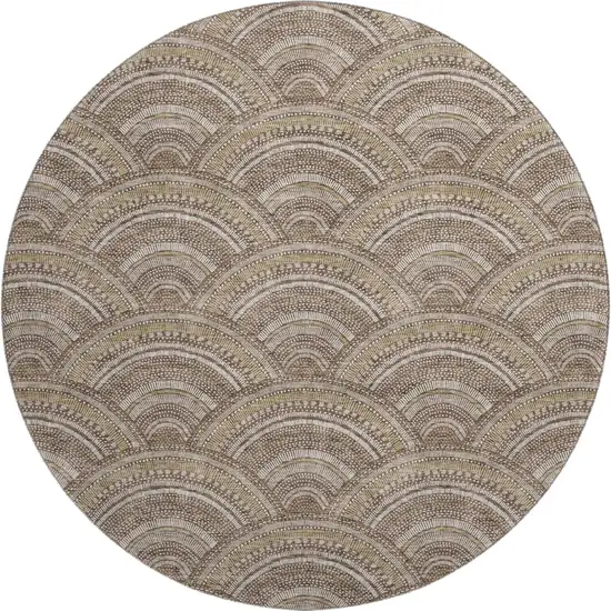 8' Brown Beige And Taupe Geometric Washable Round Rug With UV Protection Photo 1
