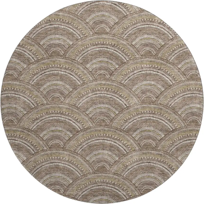 8' Brown Beige And Taupe Geometric Washable Round Rug With UV Protection Photo 1