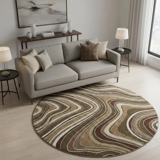 8' Brown Beige And Taupe Marble Washable Round Rug With UV Protection Photo 2