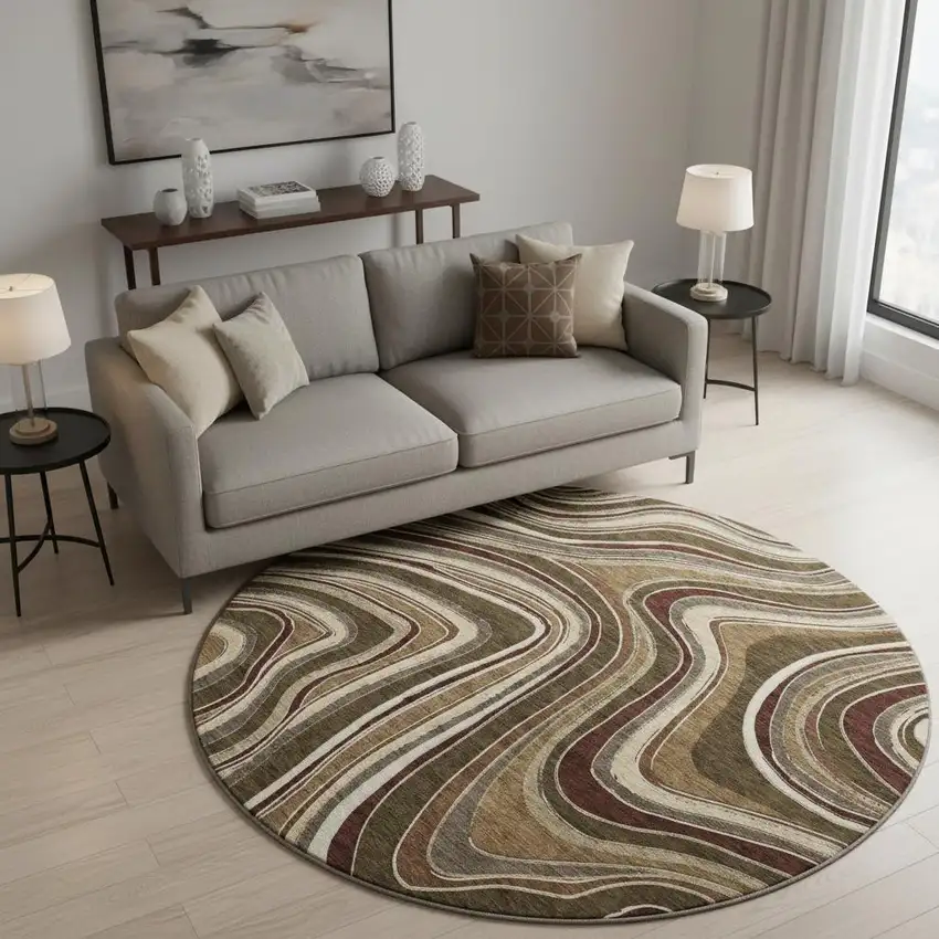 8' Brown Beige And Taupe Marble Washable Round Rug With UV Protection Photo 2