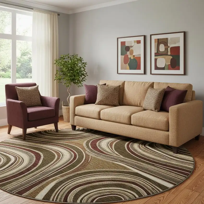 8' Brown Beige And Taupe Marble Washable Round Rug With UV Protection Photo 1