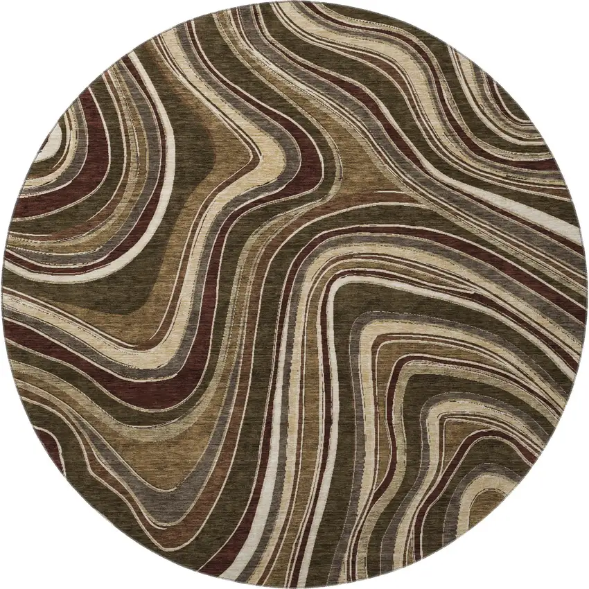 8' Brown Beige And Taupe Marble Washable Round Rug With UV Protection Photo 4