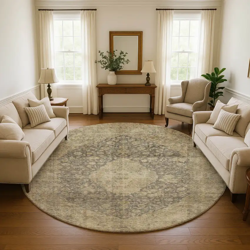 8' Brown Beige And Taupe Medallion Washable Round Rug With UV Protection Photo 4