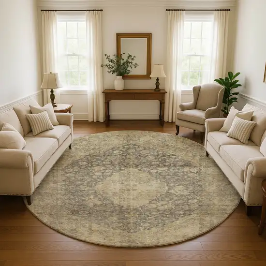 8' Brown Beige And Taupe Medallion Washable Round Rug With UV Protection Photo 4