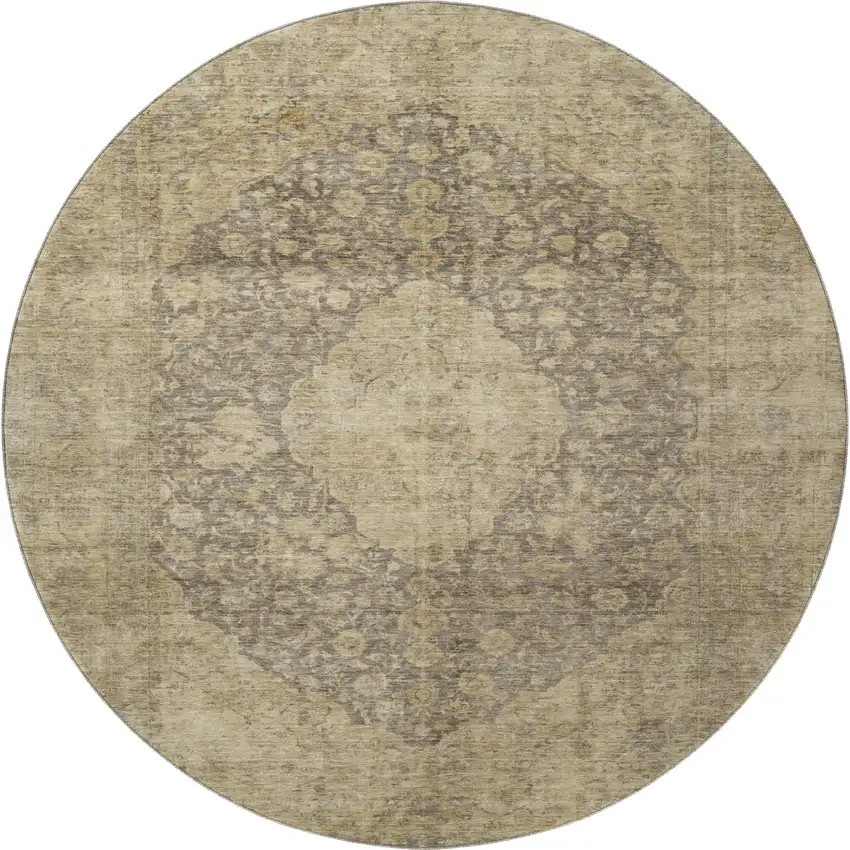 8' Brown Beige And Taupe Medallion Washable Round Rug With UV Protection Photo 3