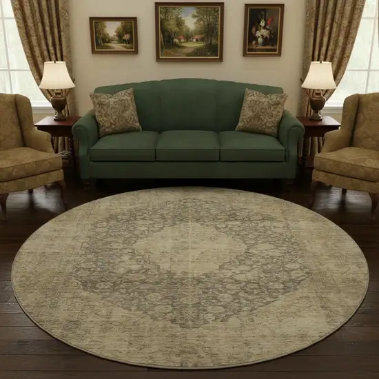 8' Brown Beige And Taupe Medallion Washable Round Rug With UV Protection Photo 2