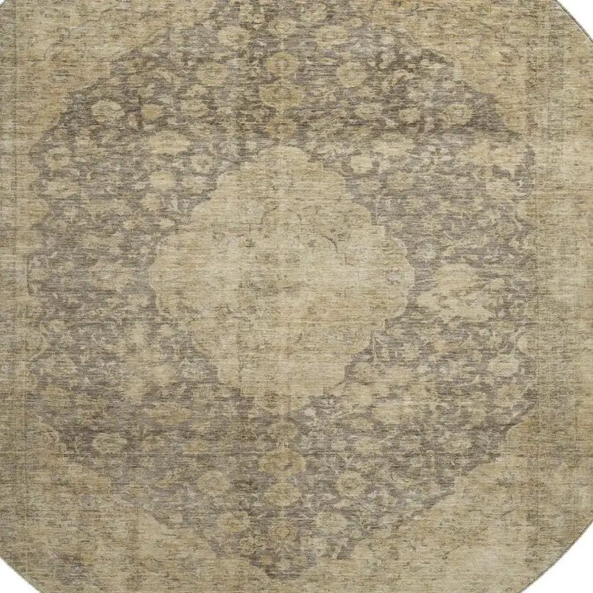 8' Brown Beige And Taupe Medallion Washable Round Rug With UV Protection Photo 2