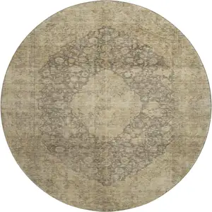 Photo of 8' Brown Beige And Taupe Medallion Washable Round Rug With UV Protection